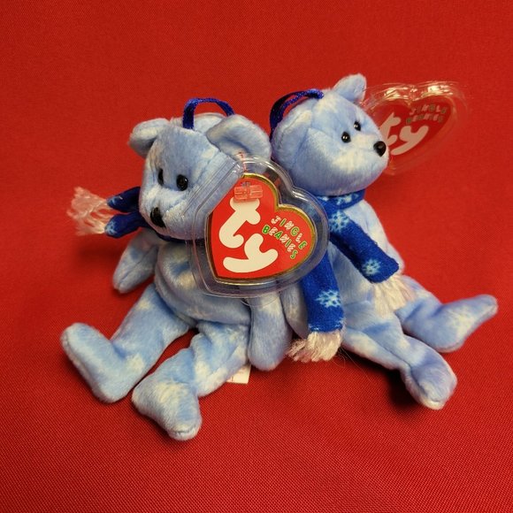1999 Holiday Teddy The Blue Bear Ty Jingle Beanies Plush Ornament Set of 2 - Picture 9 of 13